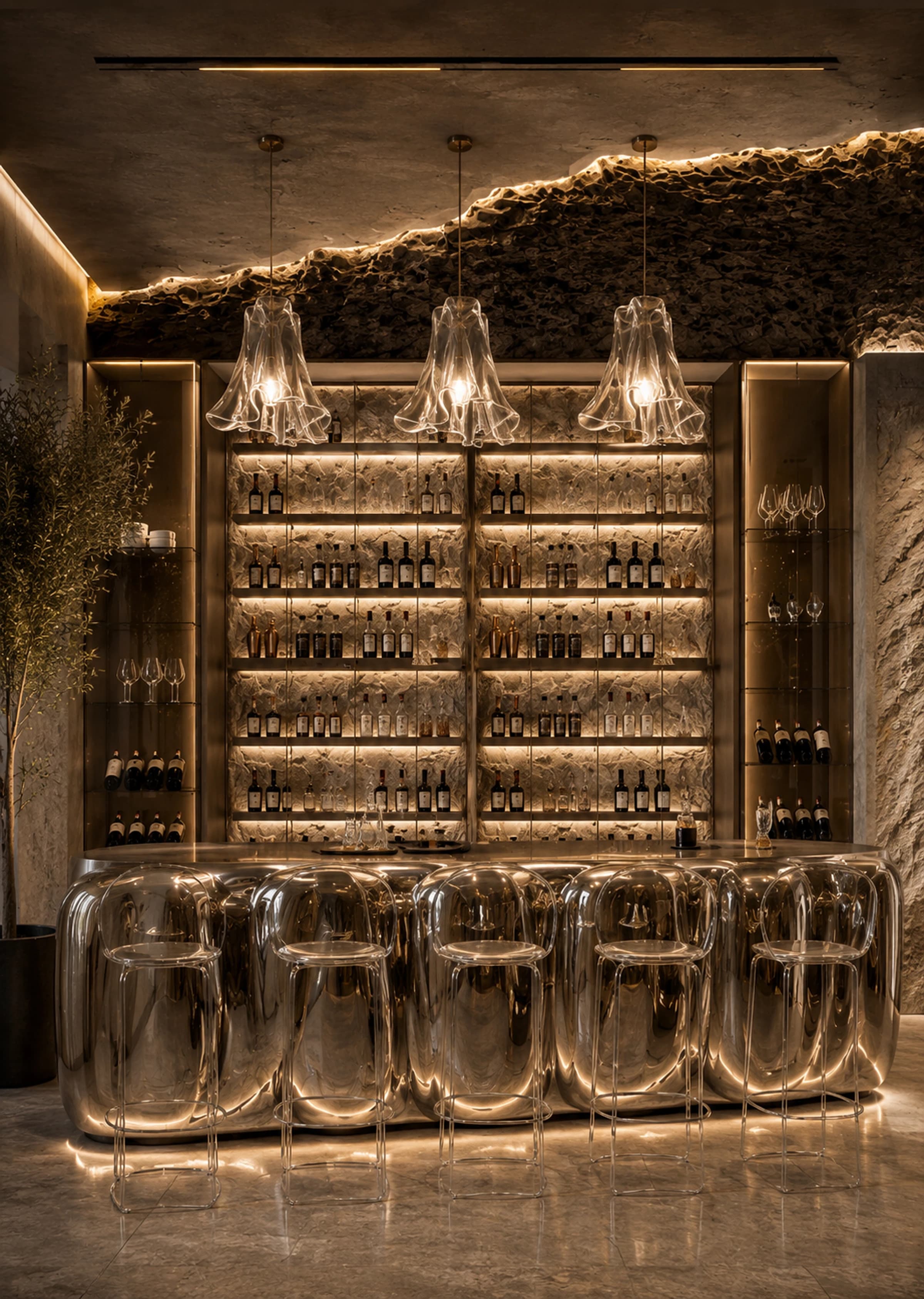 The Cellar Bar: Amber glass, dark timber and a cascade of light