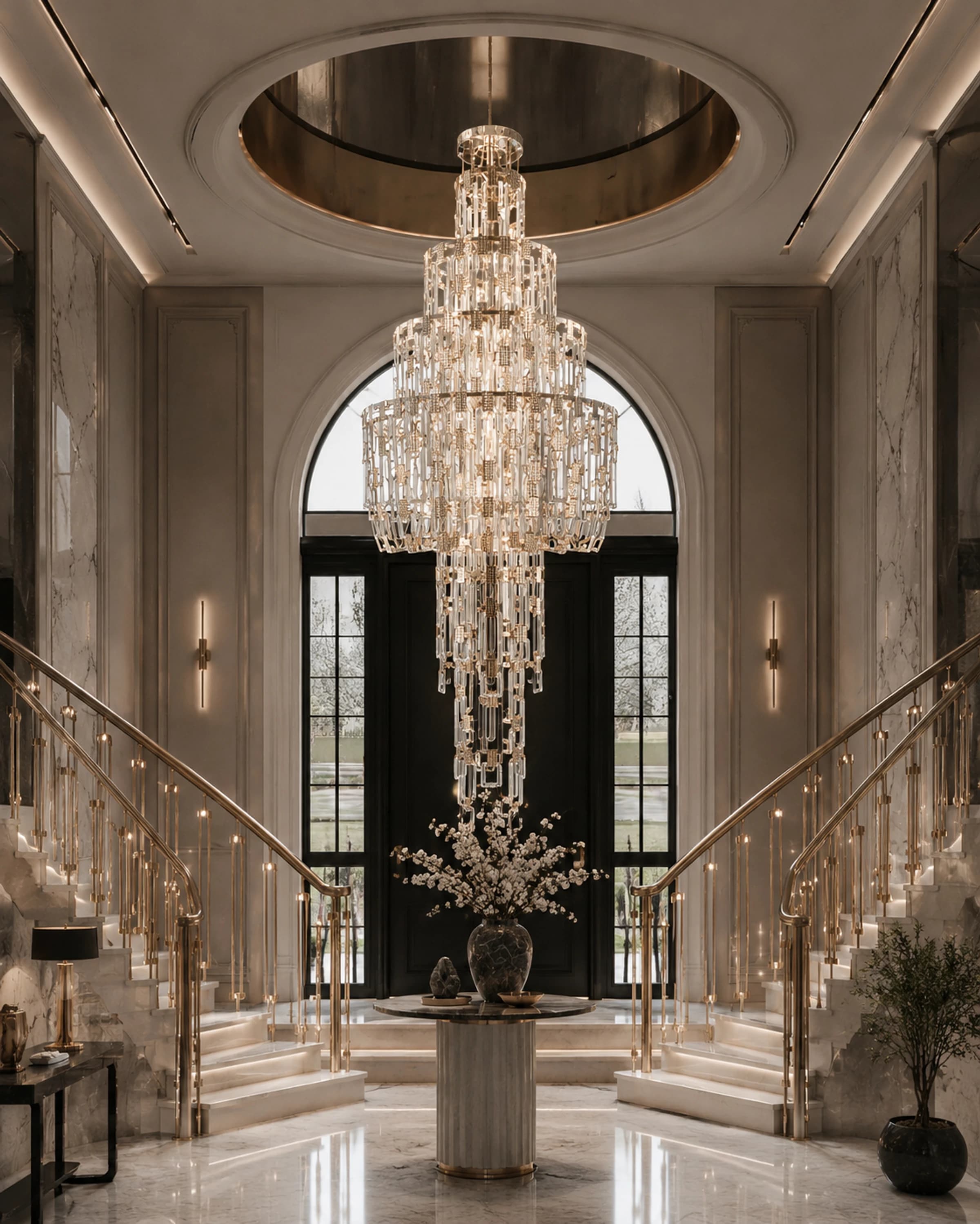 Grand Arrival: A chandelier-lit entrance framed in marble