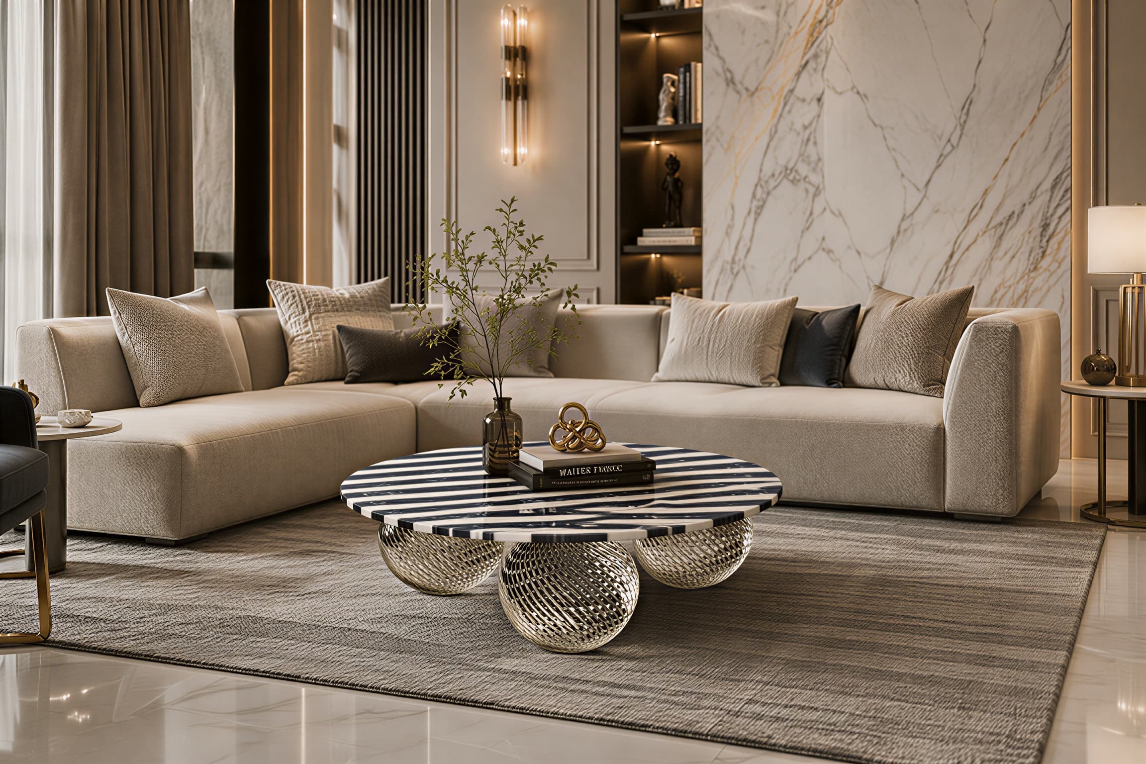 Marble Hour: A living room composed around stone and brass